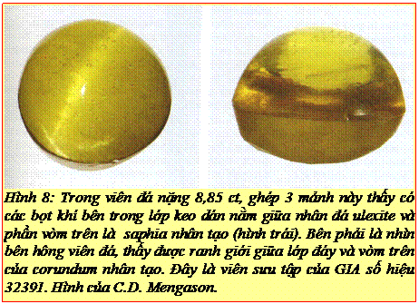 Text Box: Hình 8: Trong viên đá nặng 8,85 ct, ghép 3 mảnh này thấy có các bọt khí bên trong lớp keo dán nằm giữa nhân đá ulexite và phần vòm trên là saphia nhân tạo (hình trái). Bên phải là nhìn bên hông viên đá, thấy được ranh giới giữa lớp đáy và vòm trên của corundum nhân tạo. Đây là viên sưu tập của GIA số hiệu 32391. Hình của C.D. Mengason. 