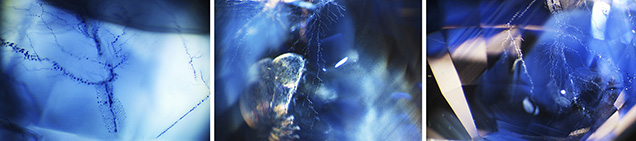 Description: Dendritic inclusions in a heated blue sapphire.